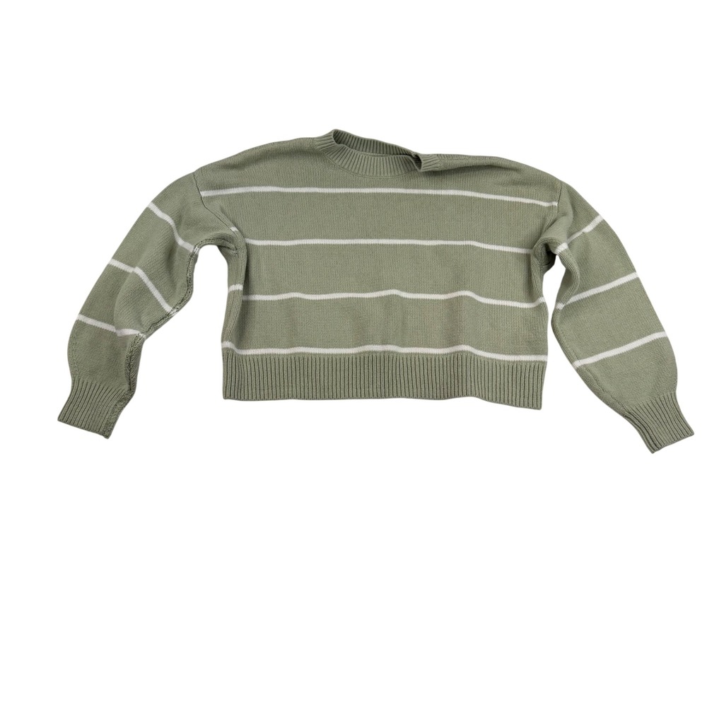 Hollister Womens XS Sage Green White Striped Crew Neck Relaxed Crop Sweater